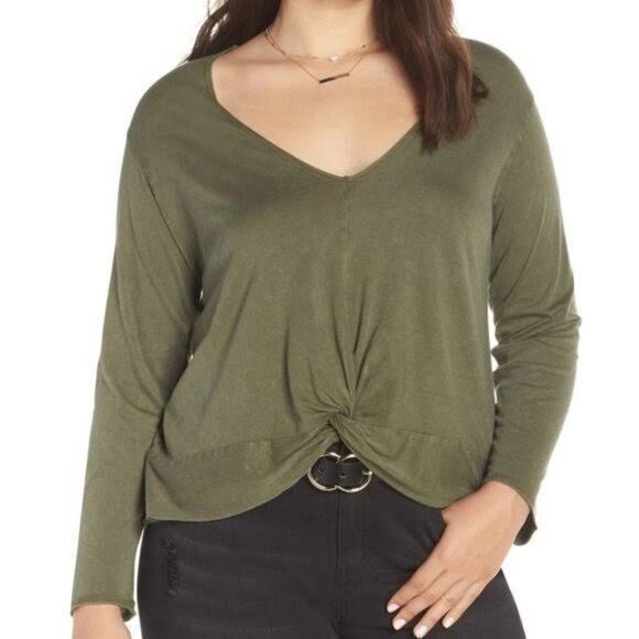 Treasure & Bond Women's Top Green Knit Twist Detail Long Sleeves V-Neck - Picture 1 of 6
